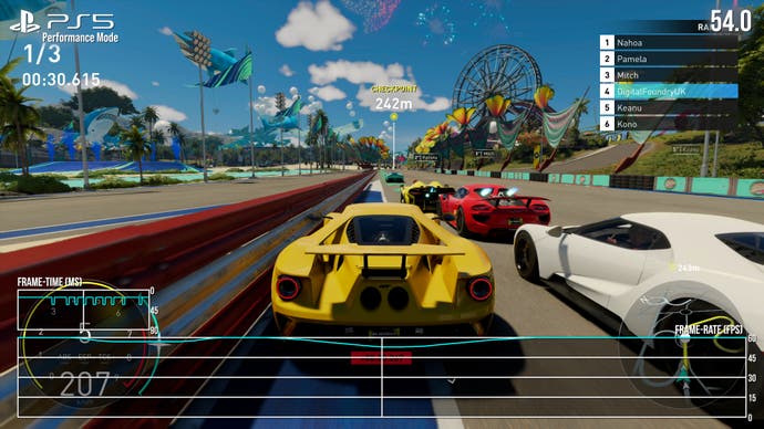 Captura de pantalla del rendimiento de PS5 en Crew Motorfest que muestra una pequeña caída de 60 fps