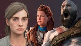 A trio of PS5 characters, in a line, over a vague version of the PS5 home screen. Left to right, there's Ellie (The Last of Us), Aloy (Horizon Forbidden West) and Kratos (God of War).