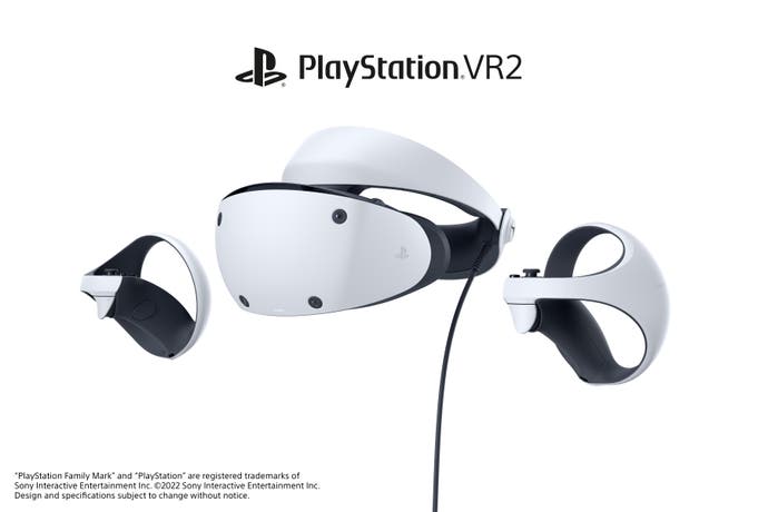 PSVR2 review - a view of the headseat form the front and slightly to one side, with controllers either side
