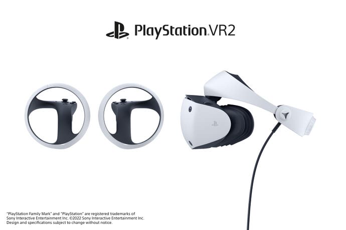 PSVR2 review - a view of the headset from the left side, with the two controllers to the left