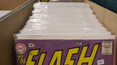 Photograph of a long box with comics in it