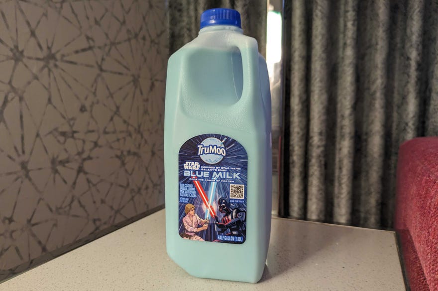 Photograph of Blue Milk carton on table