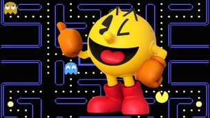 Pac-Man holds their thumbs up, with the traditional arcade game behind them.