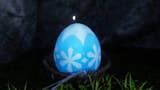 A Frozen Egg in the wild in Palworld. This unhatched egg is coloured blue and has white snowflake designs on it.