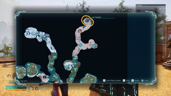 Карта с надписью, показывающая, где найти Паладия и Некромуса в Palworld.