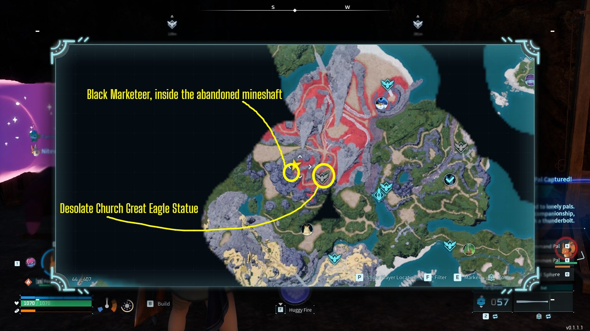 Карта с надписью, показывающая, где найти торговца черным рынком в Palworld.