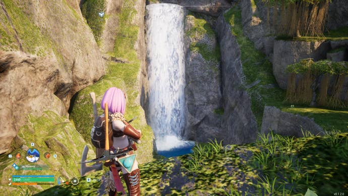 Игрок смотрит на водопад возле точки быстрого перемещения Ascetic Falls в Palworld.
