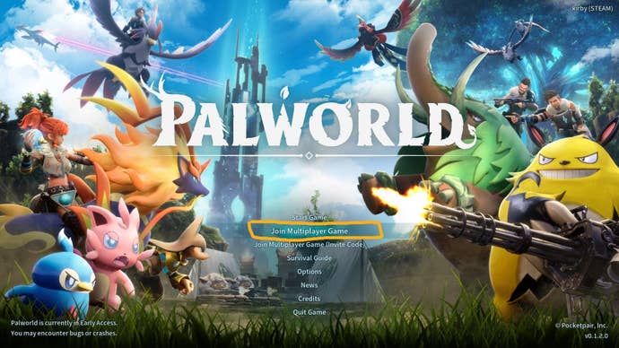 The 'start multiplayer game' option is labelled in Palworld's main menu