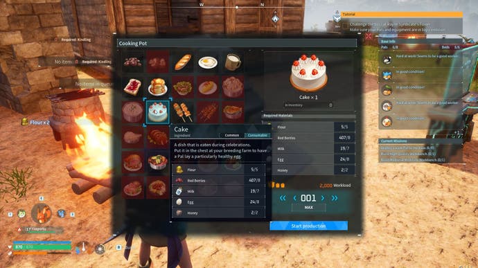 Экран меню Cooking Pot в Palworld, который используется для выпечки торта.