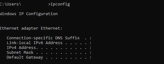 Command Prompt window in Windows showing the results of the ipconfig command