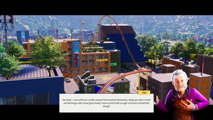 Screenshot from Park Beyond, showing a coaster driving through a neighborhood, while a flamboyantly dressed man comments on it, including 