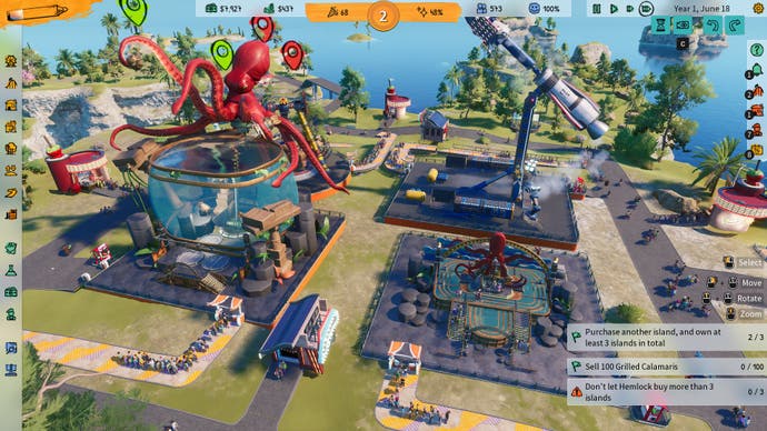 Screenshot from Park Beyond, showing the huge impossible kraken ride next to the much smaller standard ride