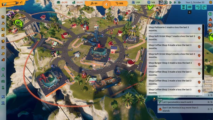 A screenshot of Park Beyond, showing a top-down overview of the park, with some notifications about out-of-debt stores