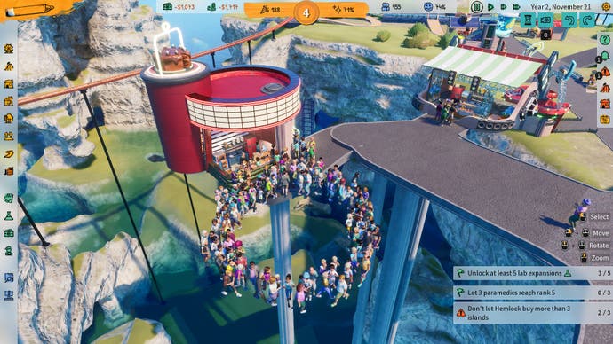 Screenshot from Park Beyond, showing a dodgy path and guests walking in a circle through the air in front of a store