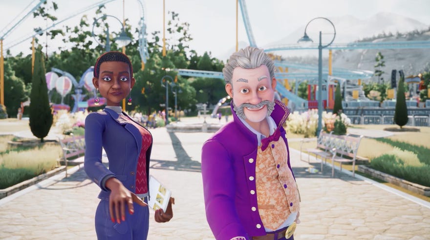 Man in purple suit makes aggressive eye contact with the camera in Park Beyond's trailer