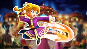 Princess Peach, in Kung-Fu garb, does a flying leap kick. In the background, blurred, a stage version of her castle.