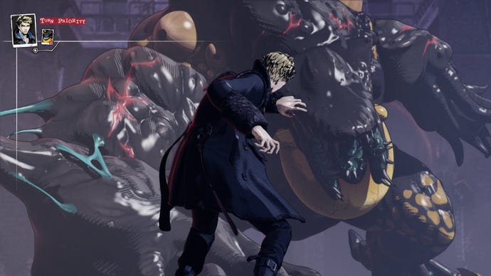 A blond man cowers in front of a monster in Penny Blood