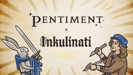 A sword-wielding rabbit and painter man Andreas pose in front of the logos for Pentiment and Inkulinati