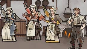 Pentiment screenshot showing three female and one male character in a kitchen