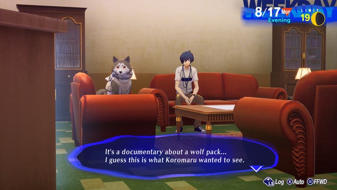 Leader watches TV with bestest boy Koromaru in a screenshot from Persona 3 Reload.