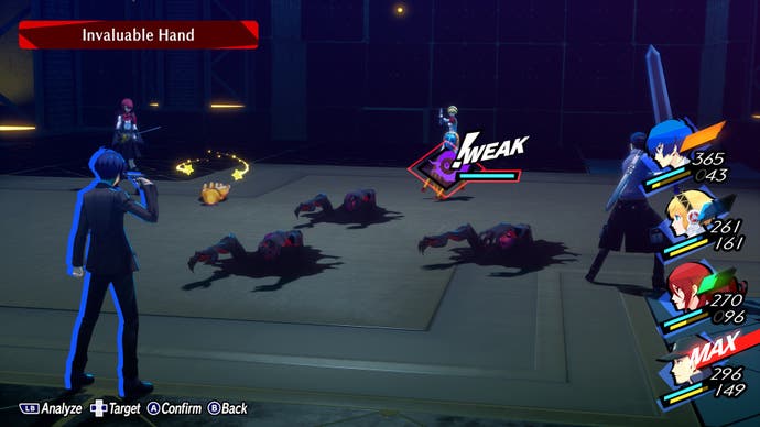 A screenshot from Persona 3 Reload, showing an elemental weakness in Tartarus.