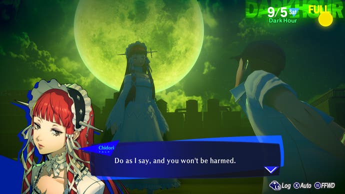 Chidori looks ominous under a green moon in a screenshot from Persona 3 Reload.