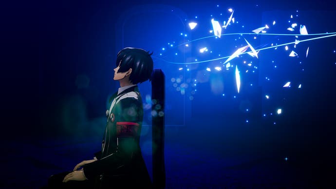 A screenshot from Persona 3 Reload, showing blue magical debris shooting out of the main character's head.
