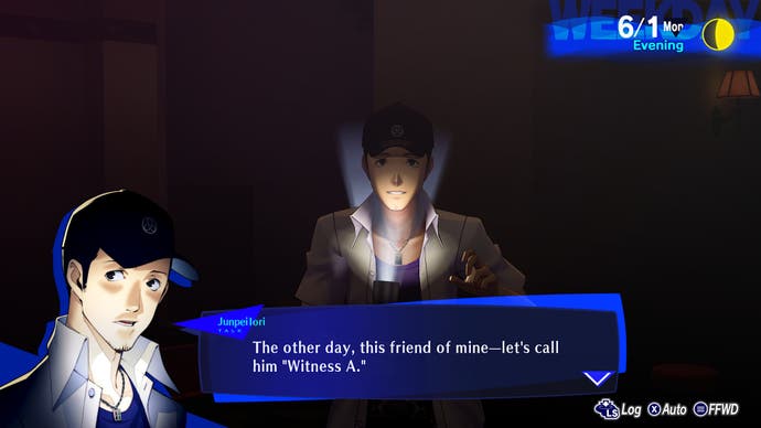 Junpei داستانی ترسناک را در اسکرین شات از Persona 3 Reload بیان می کند.