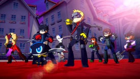 Screenshot from Persona 5 Tactica, showing the Phantom Thieves pose and prepare for a confrontation.