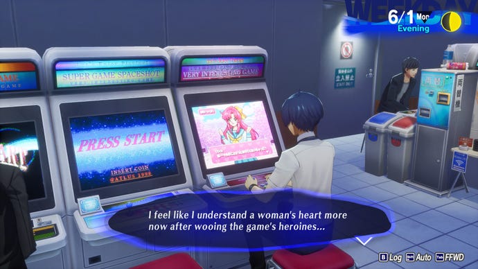 The Persona 3 Reload protagonist plays a dating sim in an arcade.