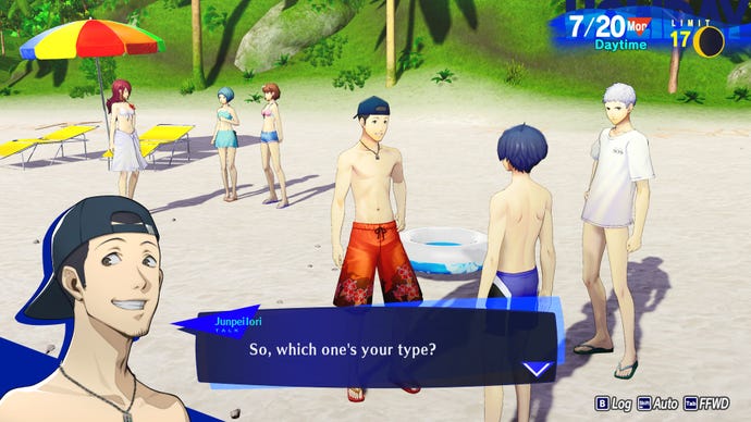 A character asks the protagonist which of the Persona 3 Reload girls in swimsuits is his type.