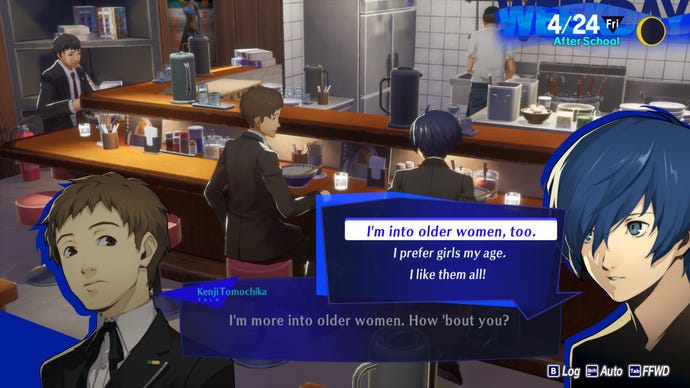 A man at a bar asks the Persona 3 Reload protagonist what sort of women they're into.