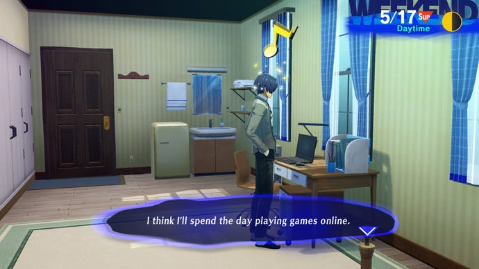 The Persona 3 Reload protagonist decides to play games all day in his bedroom.