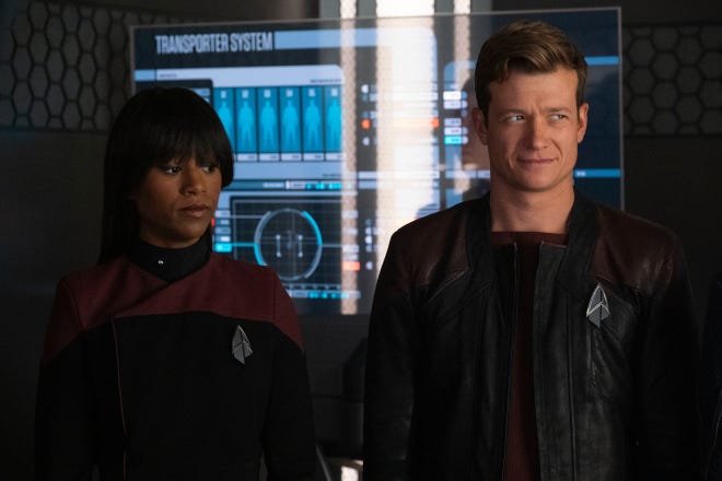 Ashlei Sharpe Chestnut as Sidney La Forge and Ed Speleers as Jack Crusher in "The Bounty" Episode 306, Star Trek: Picard on Paramount+