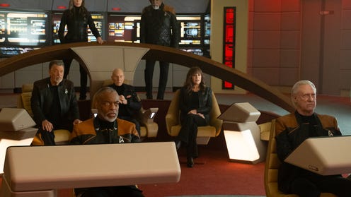 LeVar Burton as Geordi La Forge, Brent Spiner as Data, Gates McFadden as Dr. Beverly Crusher, Michael Dorn as Worf, Marina Sirtis as Deanna Troi, Jonathan Frakes as Will Riker and Patrick Stewart as Picard in "The Last Generation" Episode 310, Star Trek: Picard on Paramount+