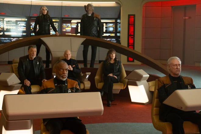 LeVar Burton as Geordi La Forge, Brent Spiner as Data, Gates McFadden as Dr. Beverly Crusher, Michael Dorn as Worf, Marina Sirtis as Deanna Troi, Jonathan Frakes as Will Riker and Patrick Stewart as Picard in "The Last Generation" Episode 310, Star Trek: Picard on Paramount+