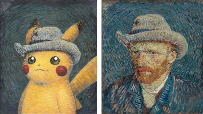 'Pikachu with Grey Felt Hat' - a Van Gogh inspired artwork of Pokemon's Pikachu in the Pokemon x Van Gogh Museum collaboration