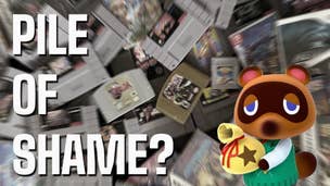 Animal Crossing character holds bag of money over a background of retro games.