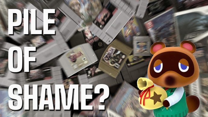 Animal Crossing character holds bag of money over a background of retro games.