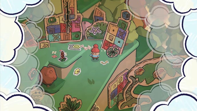 Une séquence mémorielle dans Pine Hearts, avec le protagoniste naviguant dans une forêt composée en partie de dessins enfantins.