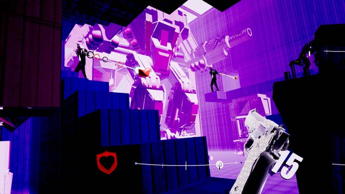 A very purple environment in one of Pistol Whip's levels; the player is shooting a huge mecha enemy