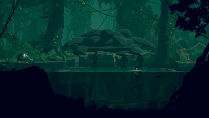 A young girl floats in water while a small creature hypnotises a strange creature in a swamp in Planet Of Lana