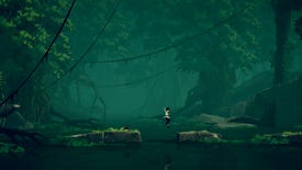 A small girl jumps over a river in a large swamp scene in Planet Of Lana