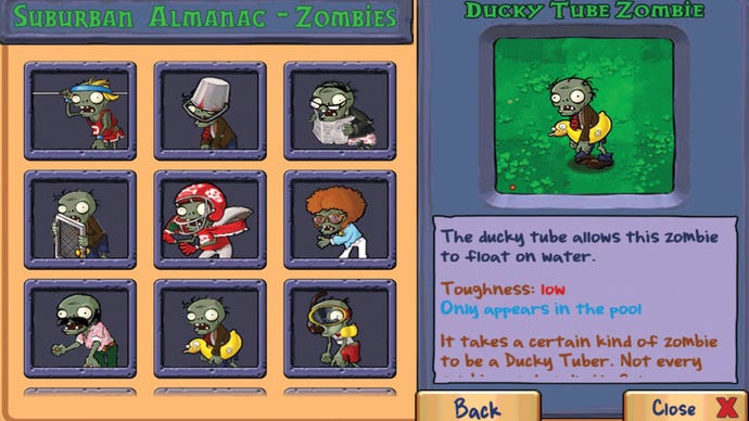 Plants Vs Zombies has an almanac that shows different types of zombies.