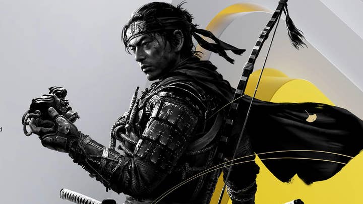 Ghost of Tsushima's protagonist in front of a PlayStation Plus logo