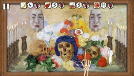 A cartoon skeleton navigates a painting of skulls and other artfully arranged faces in Please, Touch The Artwork 2