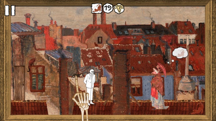 Auf einem Gemälde in „Please, Touch The Artwork 2“ läuft ein Skelett auf einem Dach neben einer alten Frau, die Katzen sammelt