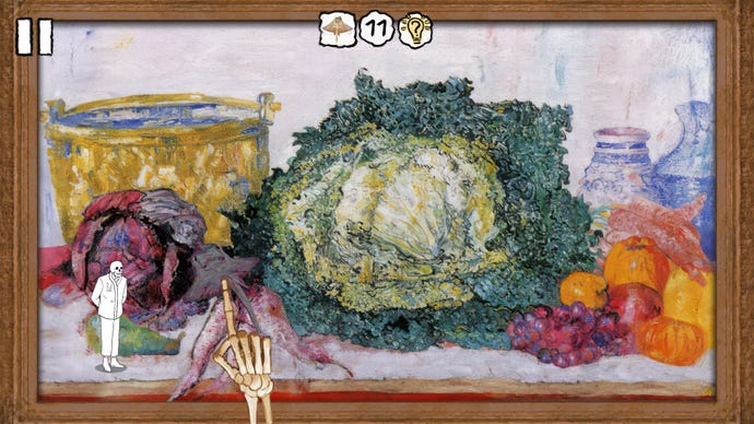 In „Please, Touch The Artwork 2“ läuft ein Skelett durch ein Stillleben mit Gemüse