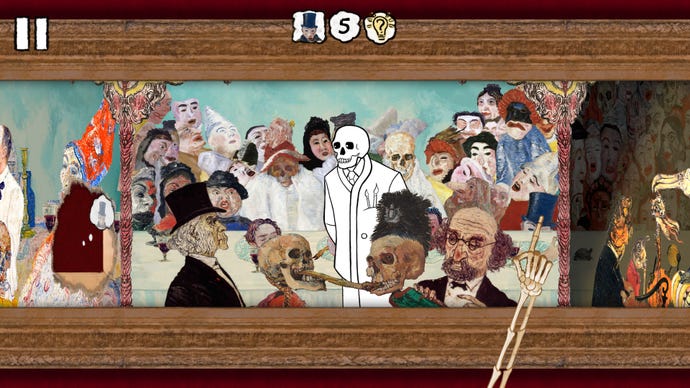 In „Please, Touch The Artwork 2“ läuft ein Skelett durch ein überfülltes Hochzeitsszenengemälde