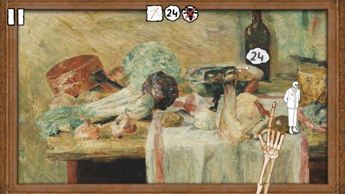 Auf einem Stillleben in „Please, Touch The Artwork 2“ steht ein Skelett neben einer Ente, die eine Zigarette raucht